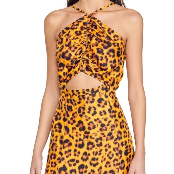 NWT SANDRO Kalinda Leopard Animal Print Slit Cut Out Tie Neck Satiny Dress 38 - Picture 6 of 15